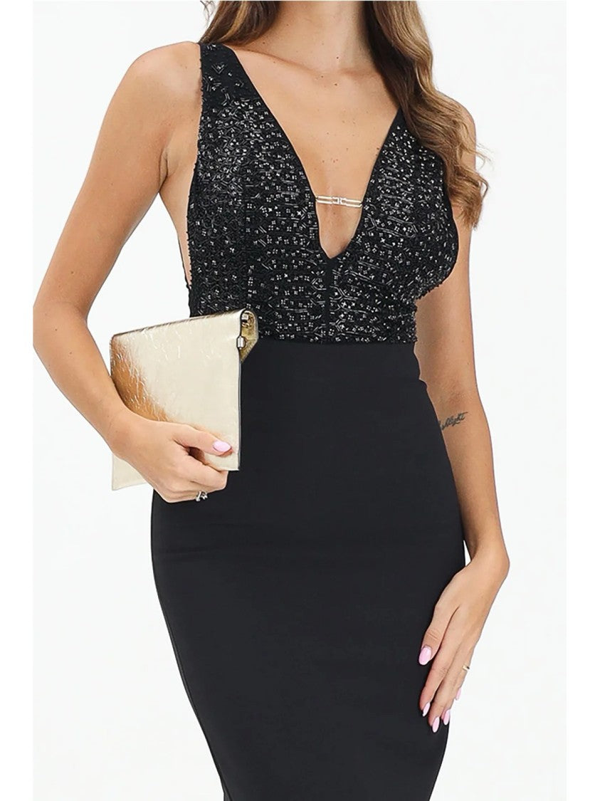 Red Carpet E. Franchi Long Straight Dress With V-Neckline And Appliqué Details