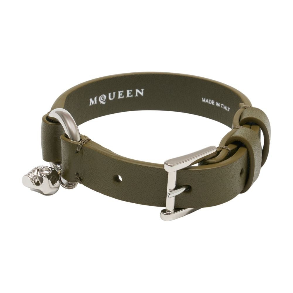 Alexander Mcqueen Skull Ring Leather Bracelet Green