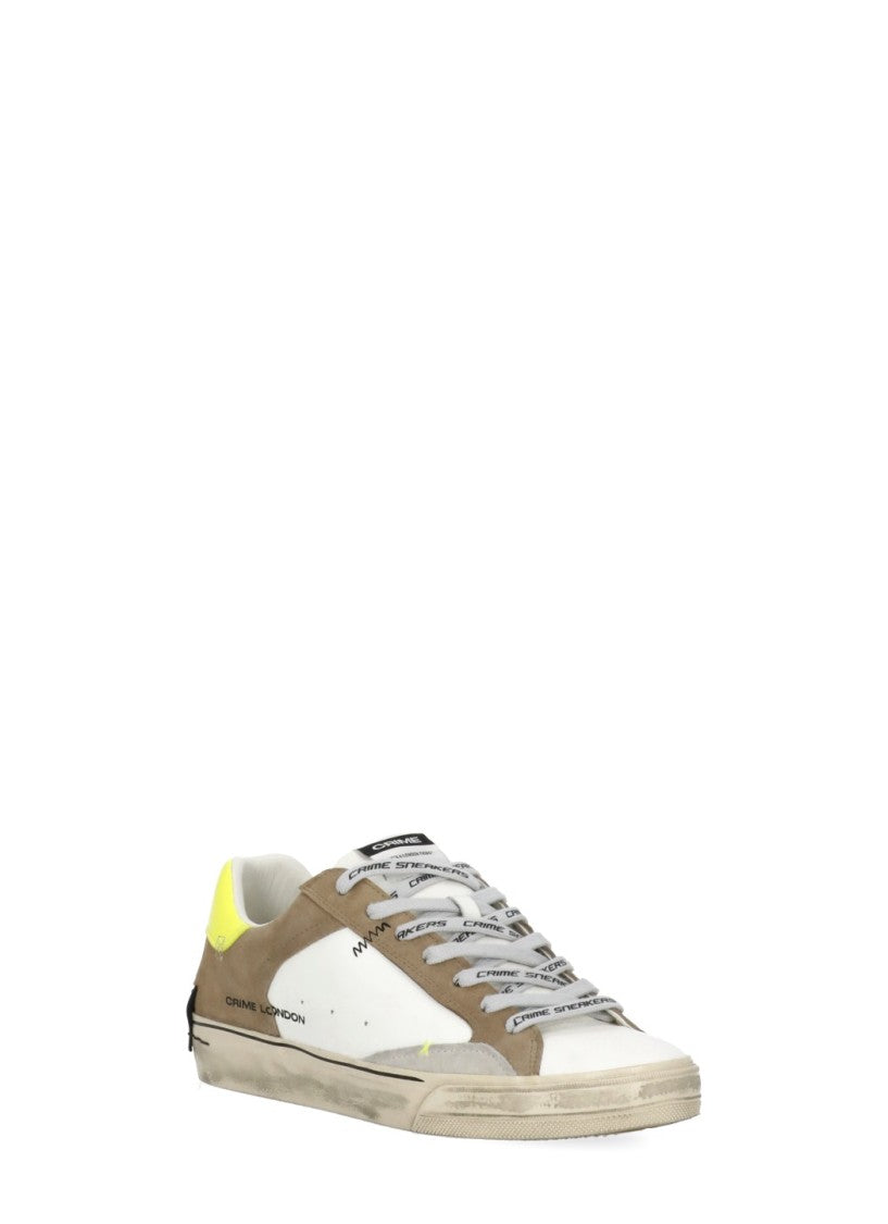 Crime London White Distressed Yellow Detail Leather Sneakers