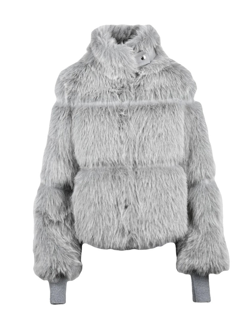 Patrizia Pepe Light Grey Polyester Snap Cropped Faux Fur Jacket