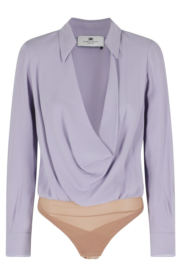 Elisabetta Franchi Lilac Organza-Inserts Padded-Shoulders Viscose Bodysuit