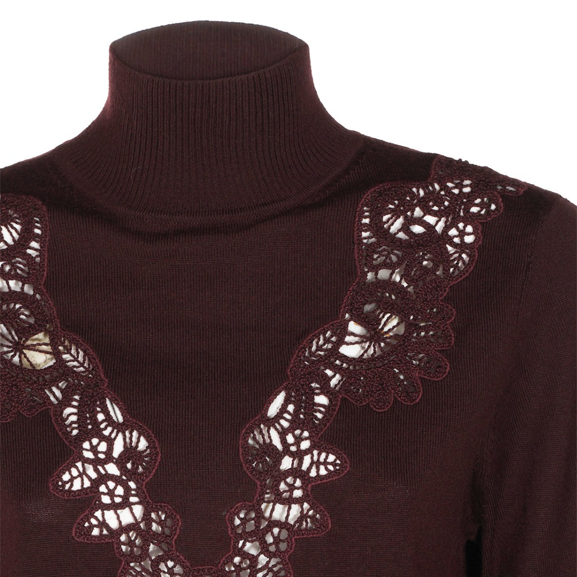 Zimmermann Fitted Burgundy Sweater With Lace V-Detail And Turtleneck