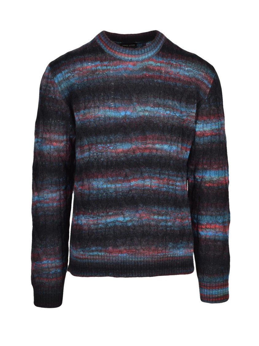 Roberto Collina Black/Blue Cable Knit Wool-Blend Crewneck Sweater