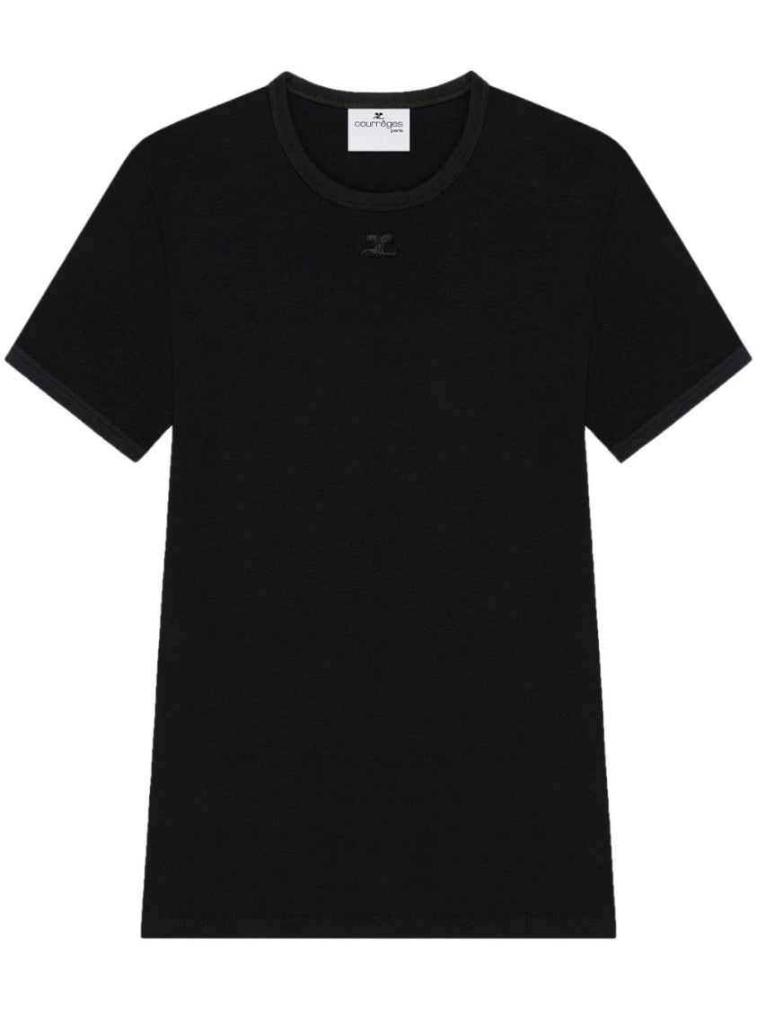 Courrèges Black Crew Neck Embroidered Logo Polo