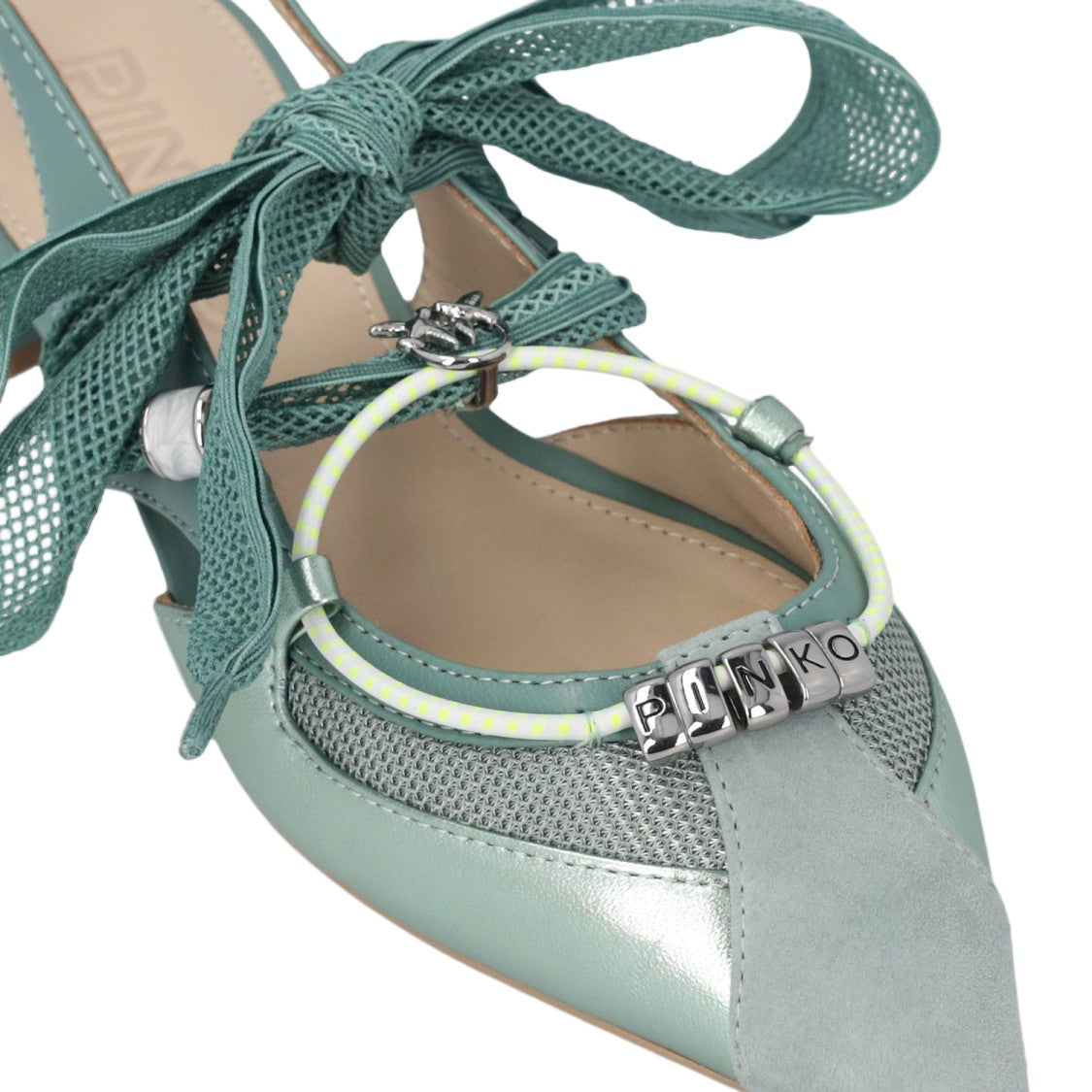 Pinko Green Slingback Lace-Up Leather Flats
