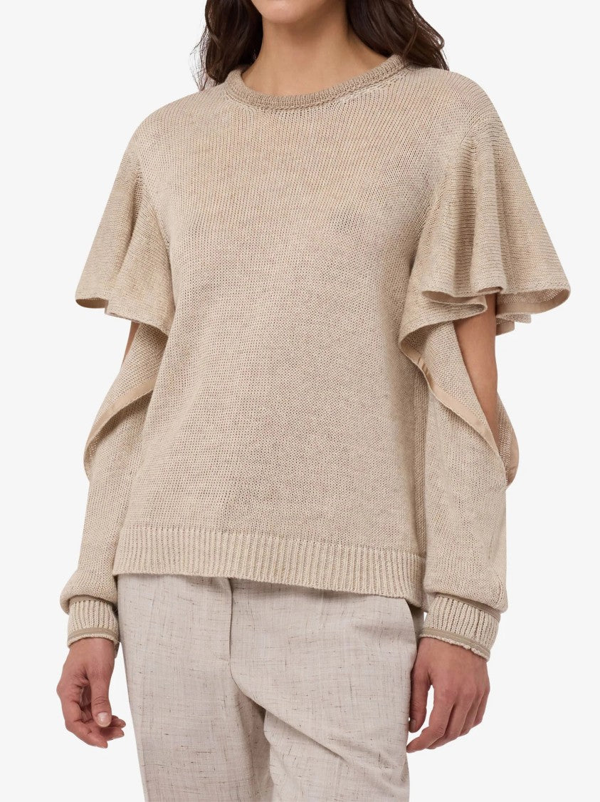 Moschino Ruffled Cut-Out Sleeve Knitted Linen Blend Top