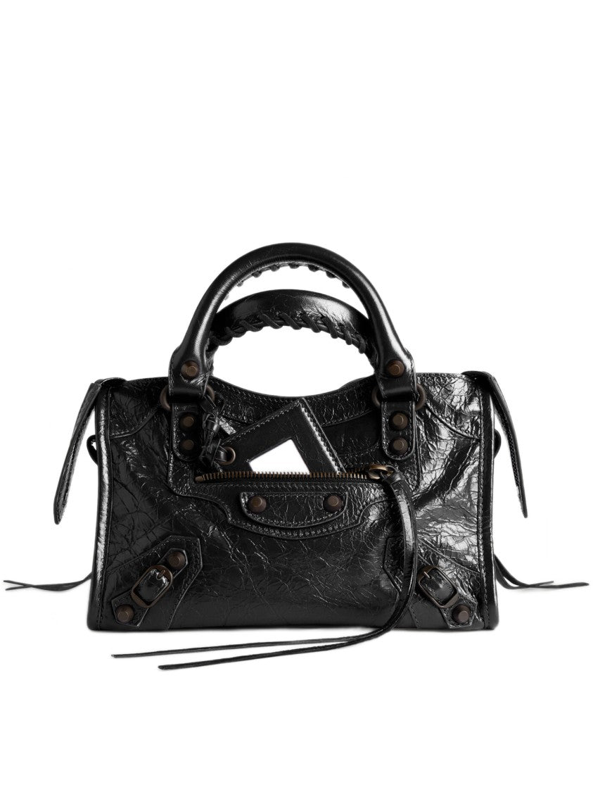 Balenciaga Compact Textured Handbag With Braided Detailing And Glossy Finish