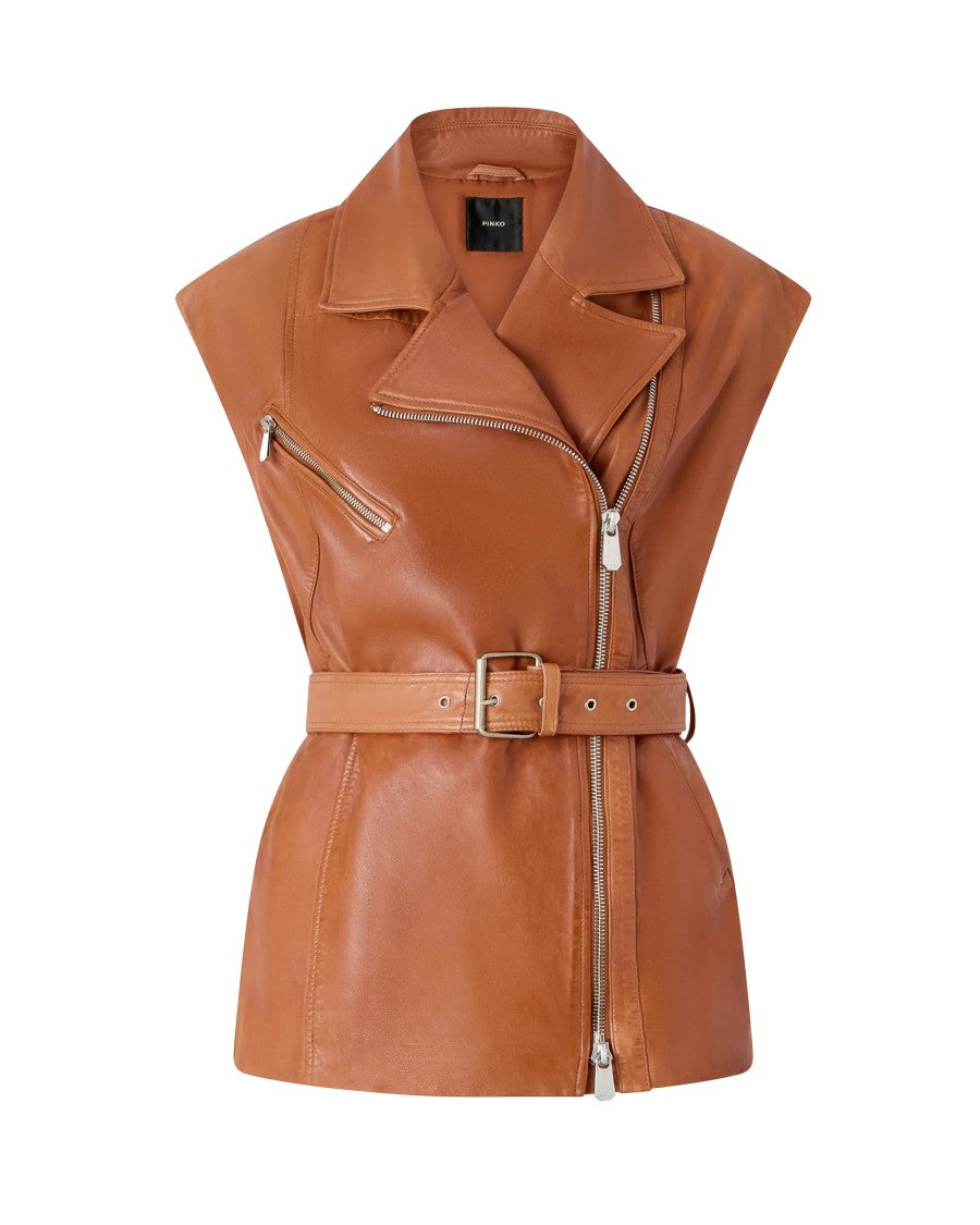 Pinko Biker-Style Leather Gilet With Asymmetrical Zip And Matching Belt