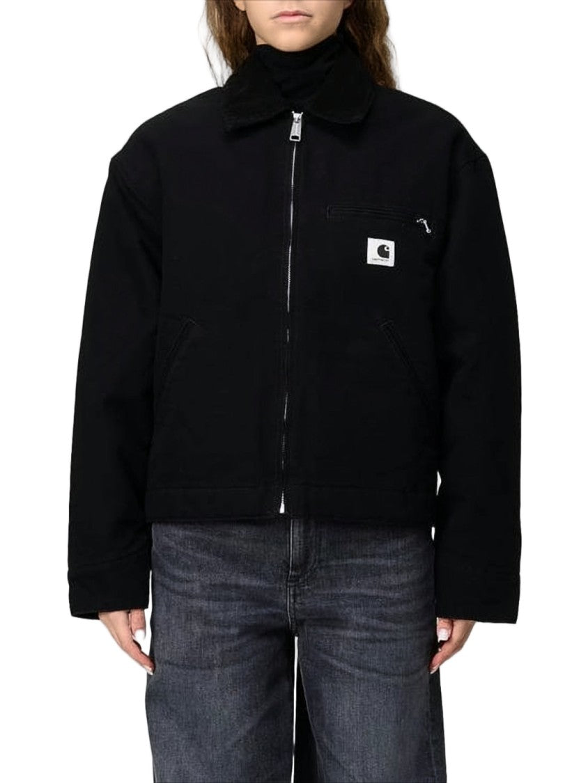 Carhartt Wip Boxy Cropped Black Jacket With Classic Collar And Logo Patch