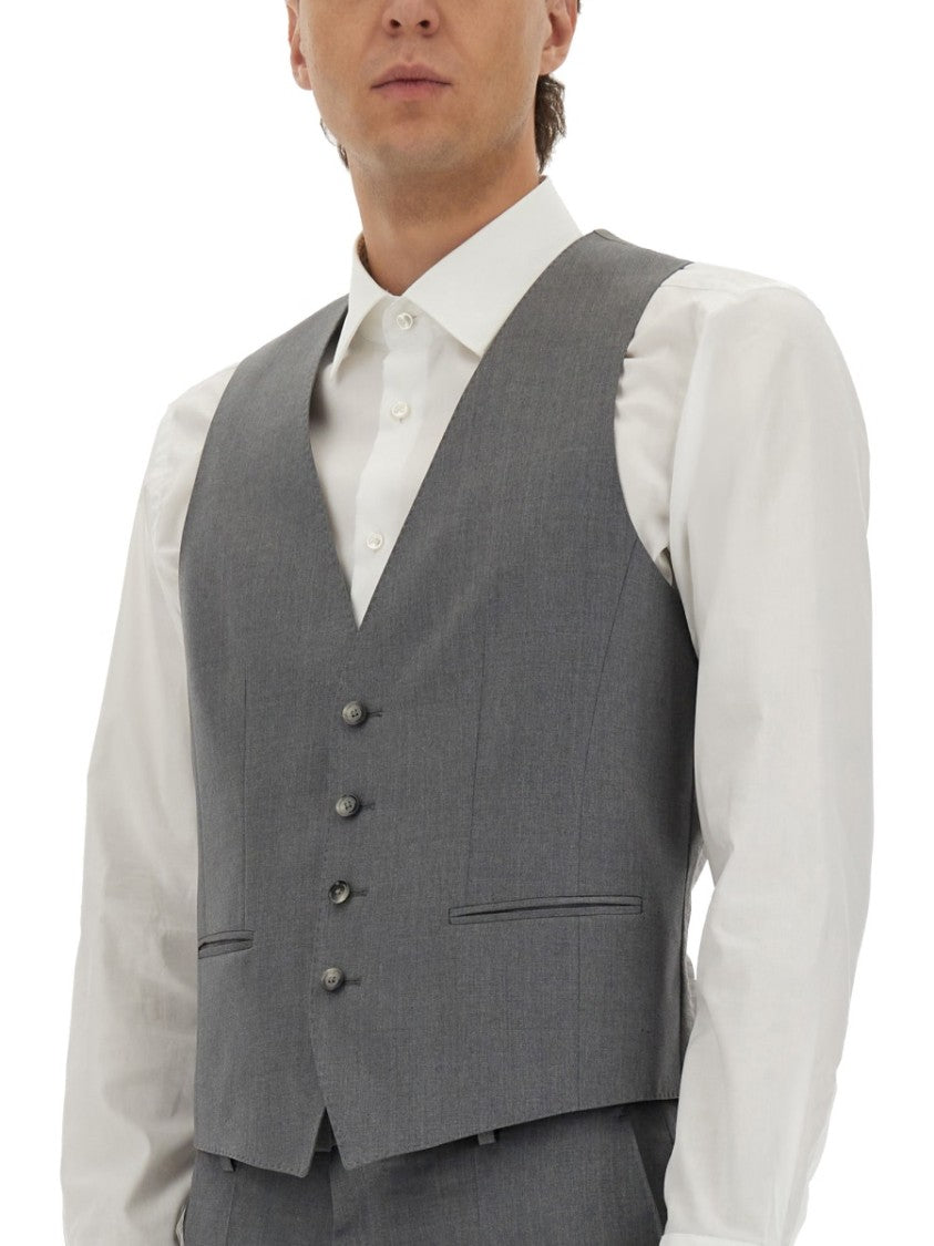 Boss Tailored Grey Vest With Classic V-Neckline And Adjustable Design