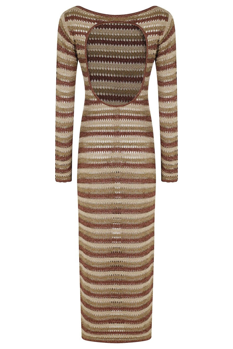 Mc2 Saint Barth Brown Robyn Striped Lurex Boat Neckline Viscose Midi Dress