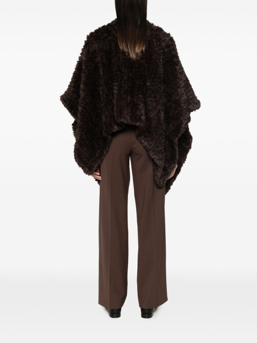 Pinko Brown Plush Textured Wide Arm Openings Faux Fur Cape