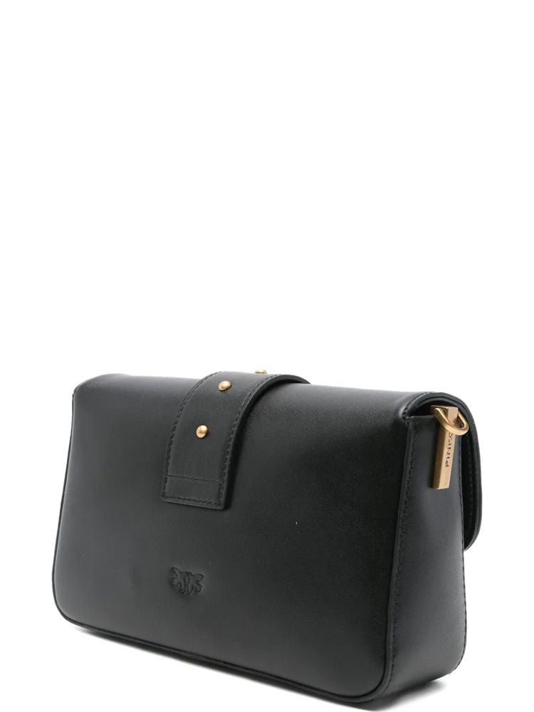 Pinko Structured Black Cow Leather Shoulder Bag With Gold Accents