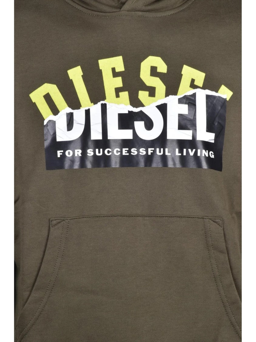 Diesel Military Green Cotton Hoodie With Graphic Print