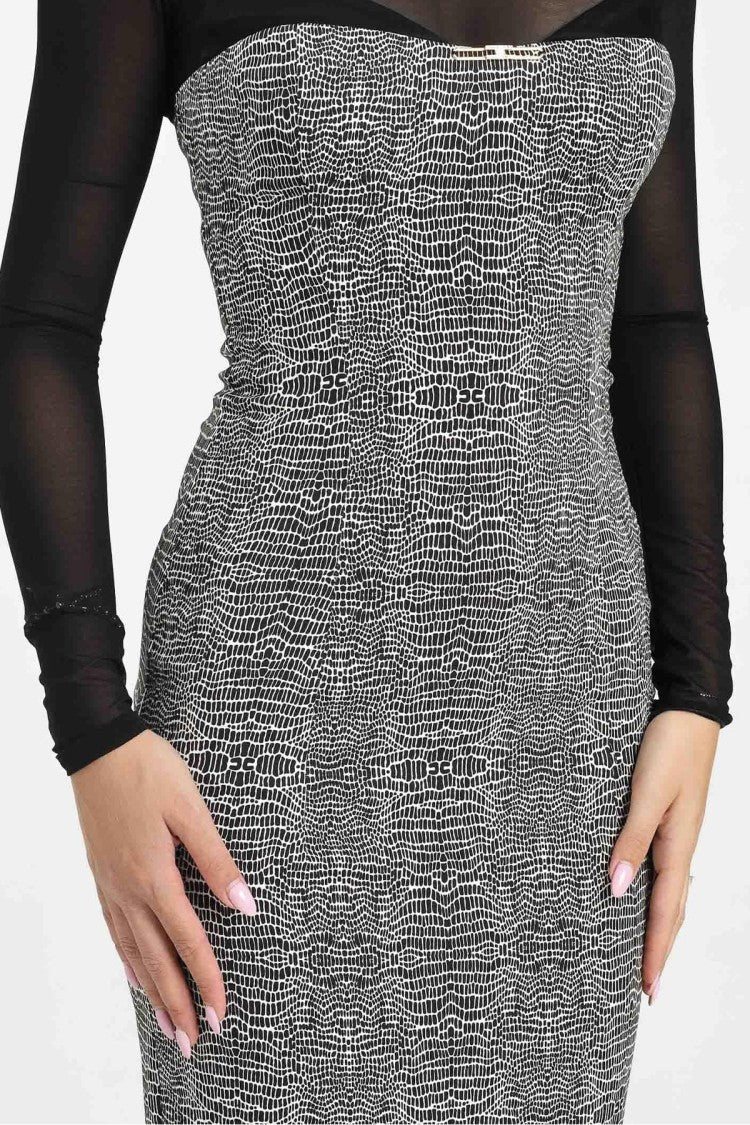 Elisabetta Franchi Grey Reptile-Print Sheer Mesh Sleeves Viscose-Blend Dress