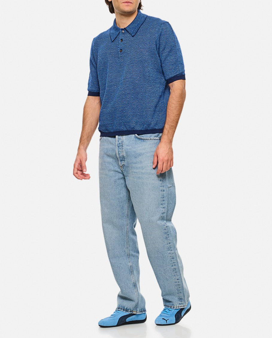 Bottega Veneta Blue Textured Herringbone Polo