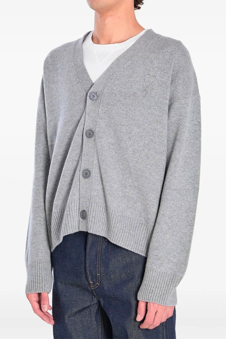 Ami Paris Grey V-Neck Button-Front Wool-Blend Cardigan