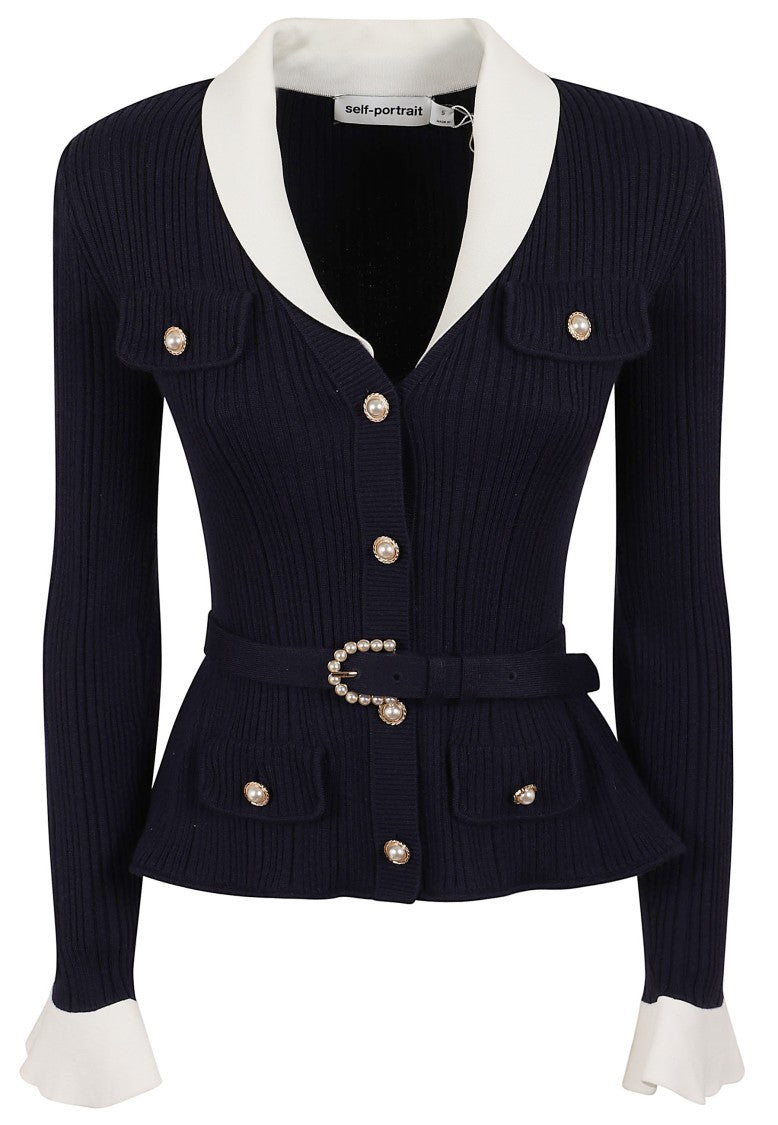 Self-Portrait Structured Navy Ribbed Knit Cardigan
