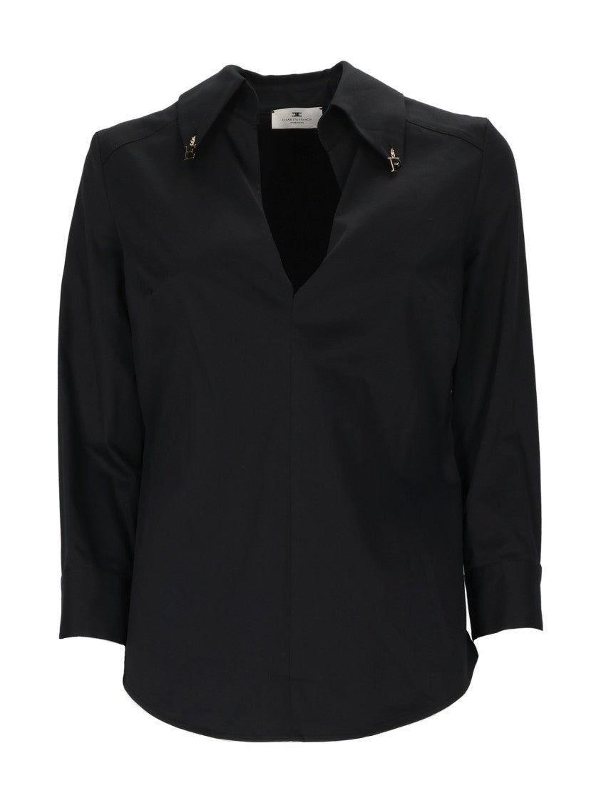 Elisabetta Franchi Black Shirt With Deep V-Neckline And Metallic Embellishments