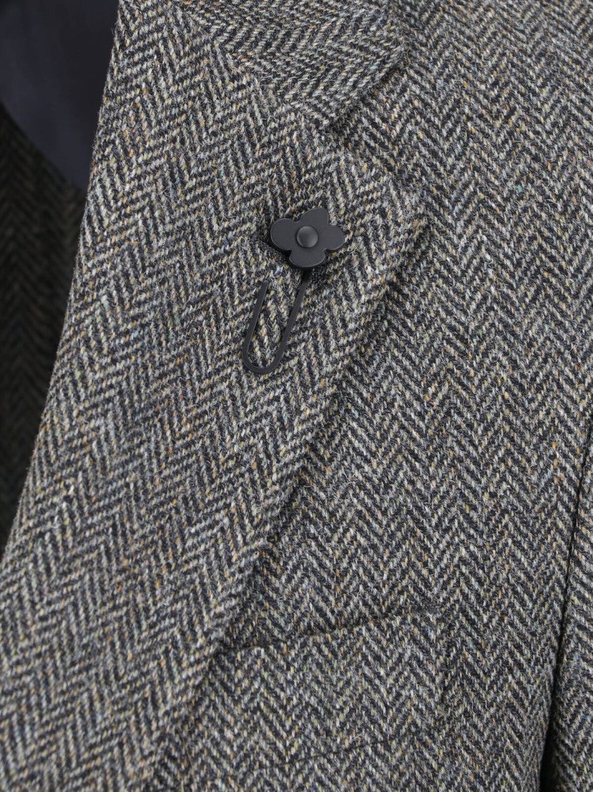 Lardini Grey Wool-Blend Herringbone Single Breasted Blazer