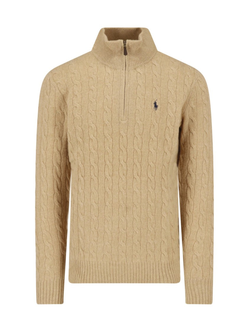 Polo Ralph Lauren Beige Cable-Knit Wool-Cashmere Half-Zip Sweater