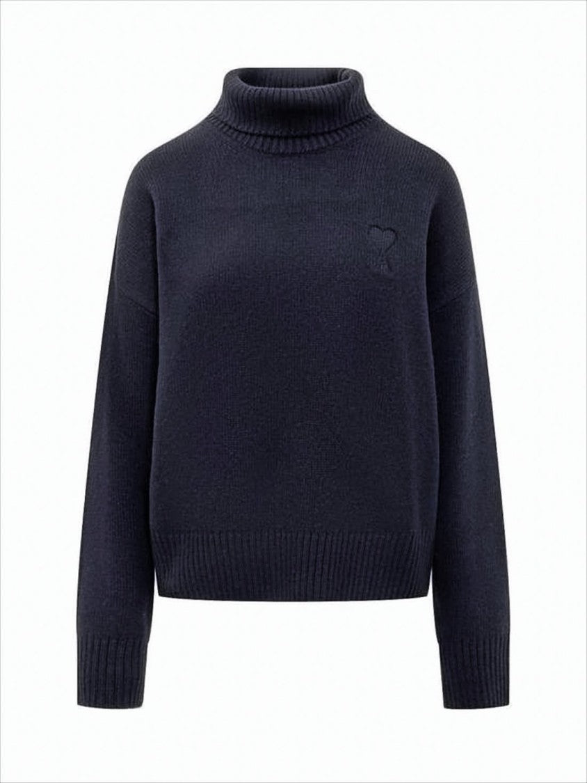 Ami Cropped Turtleneck Sweater With Ribbed Neckline And Heart Detail