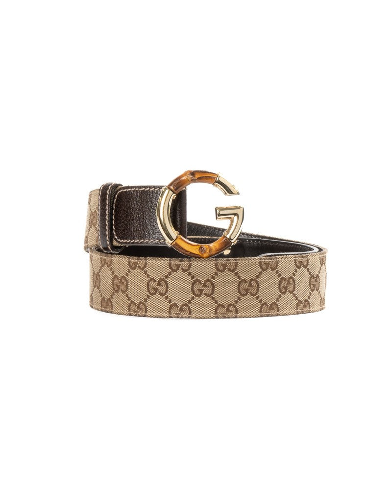 Gucci Vintage Bamboo Gg Supreme Canvas Belt With Gold Hardware