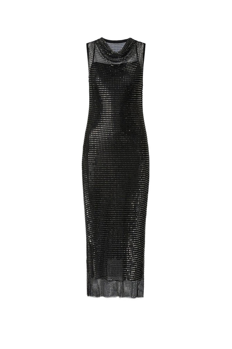 Pinko Black Polyester-Elastane Blend Mesh Cowl-Neck Dress