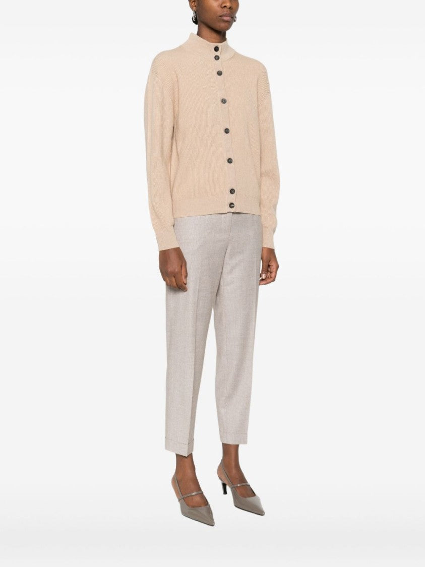 Peserico Beige Ribbed Knit Sweater With High Neckline