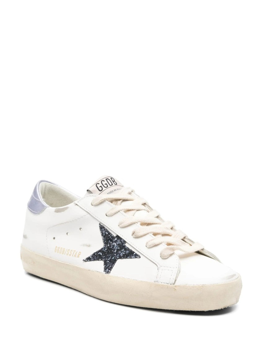 Golden Goose White Leather Sneakers With Glittery Star And Distressed Sole
