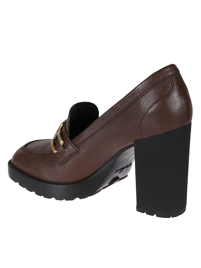 Hogan H623 Brown Leather Loafer With Gold Buckle