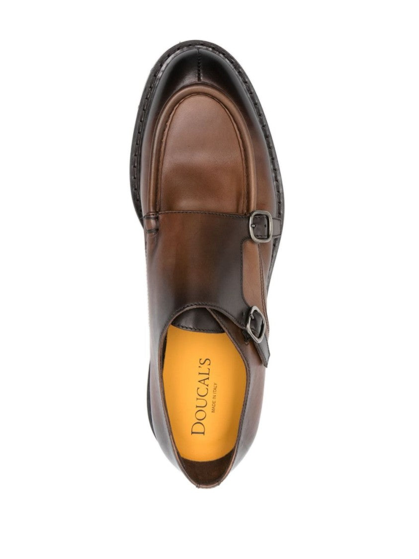 Doucal's Brown Polished Calf Leather Double Buckle Shoes