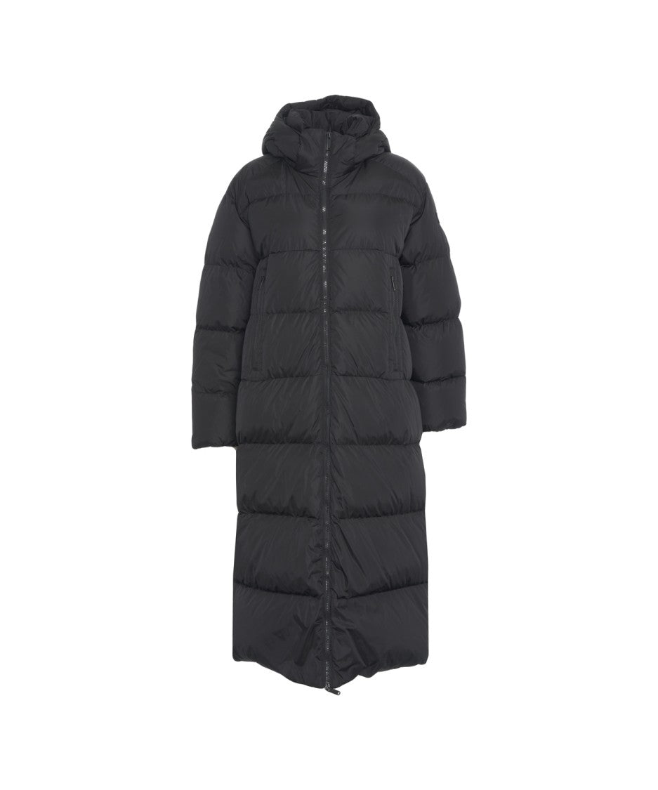 Add Long Padded Coat With Hood And Horizontal Quilting