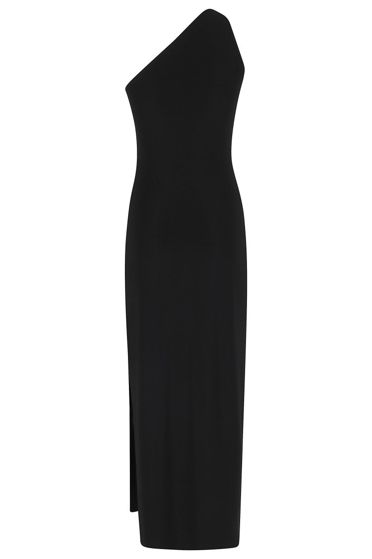 Norma Kamali Black One Shoulder Side-Slit Polyester Dress