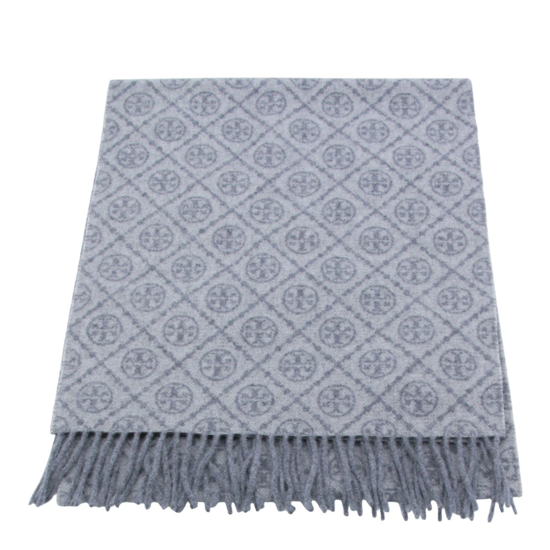 Tory Burch Geometric Patterned Grey Scarf With Fringed Edges
