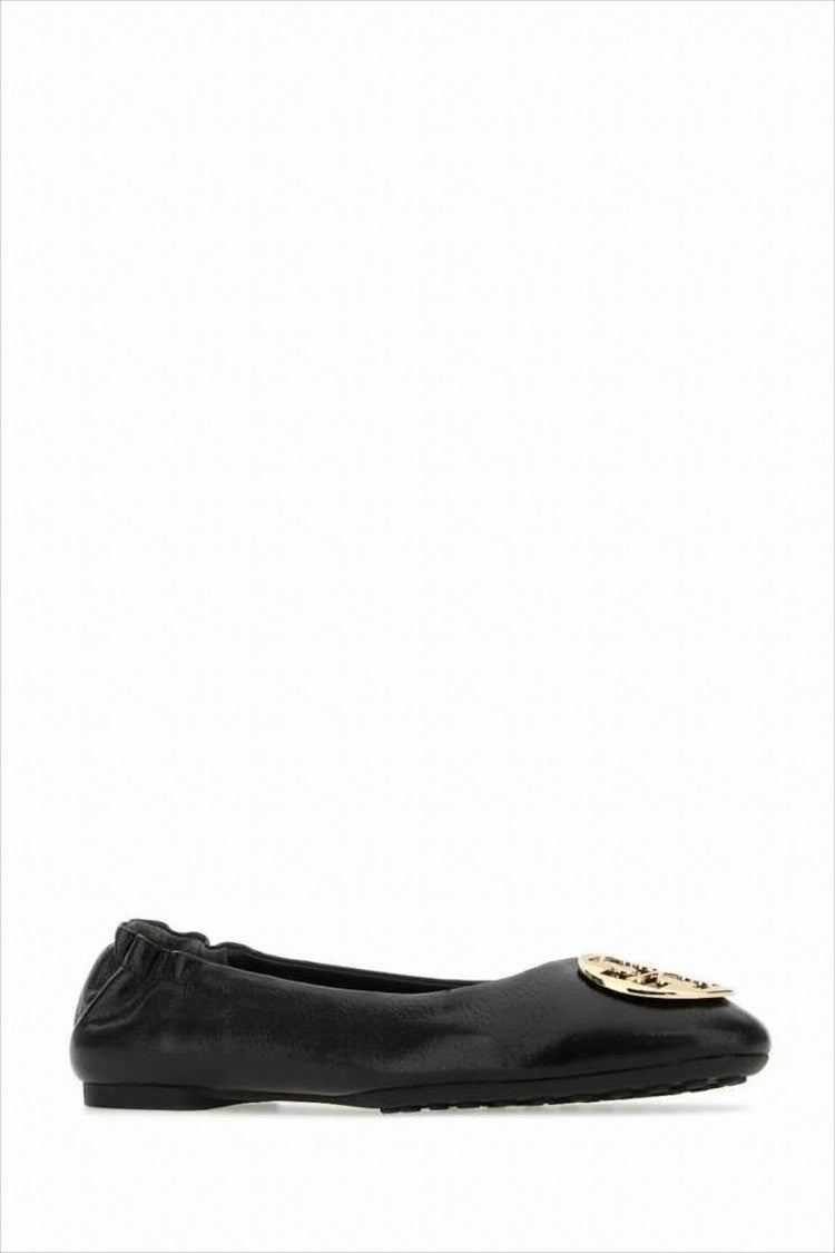 Tory Burch Glossy Black Flats With Gold-Tone Emblem