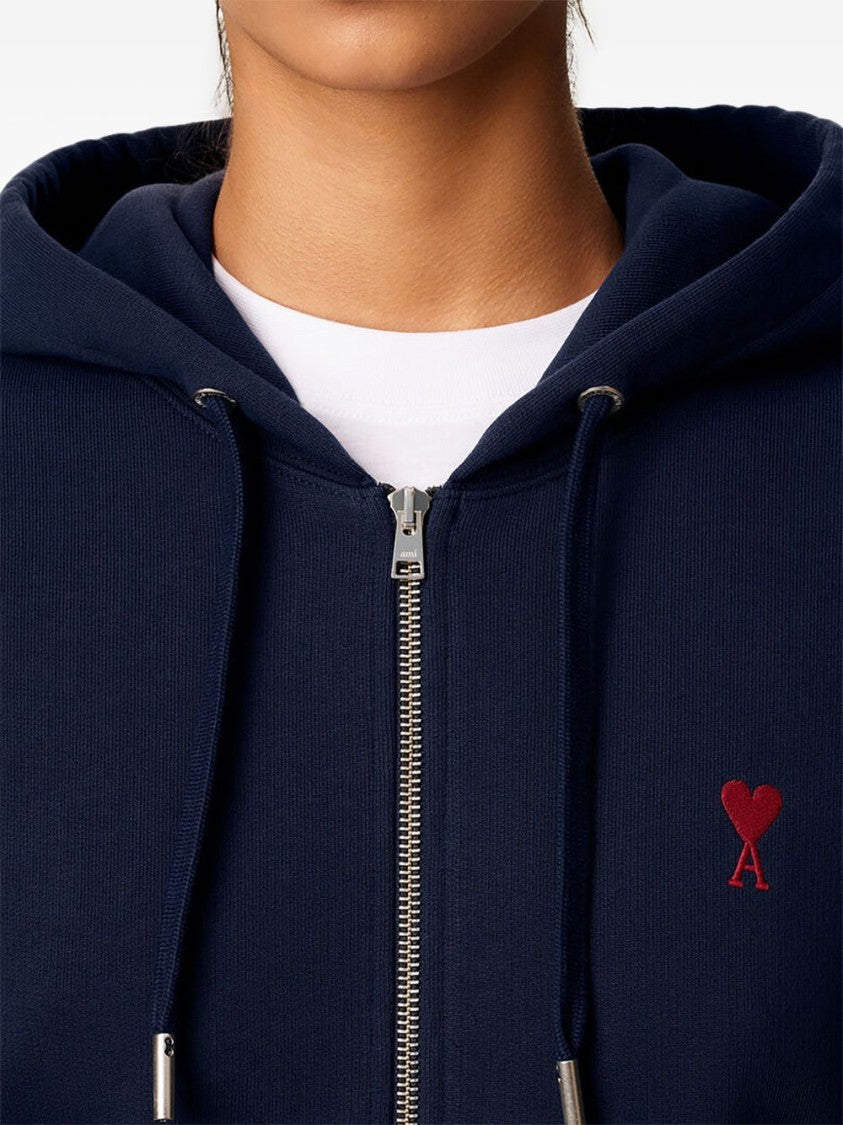 Ami Paris Navy Blue Zip-Up Hoodie With Drawstring Hood