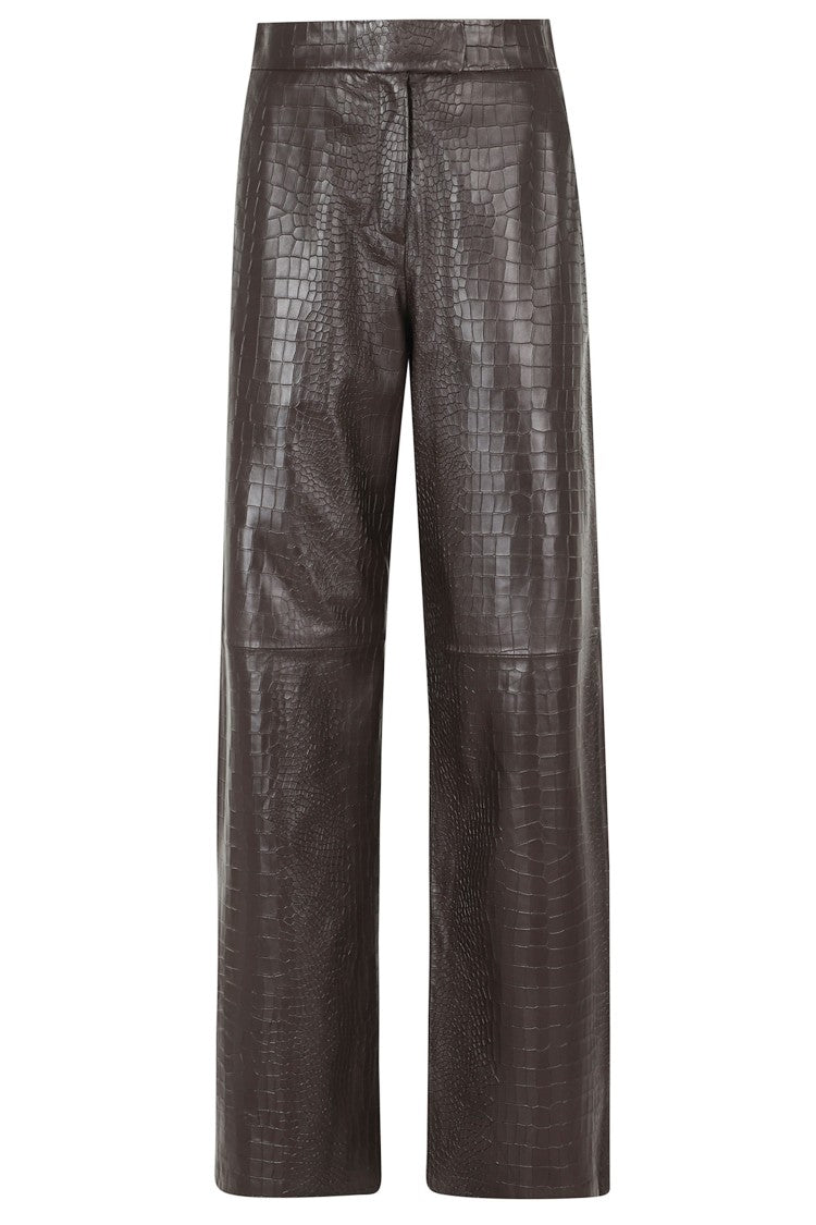 Federica Tosi Brown Crocodile-Embossed Leather Wide-Leg Pants