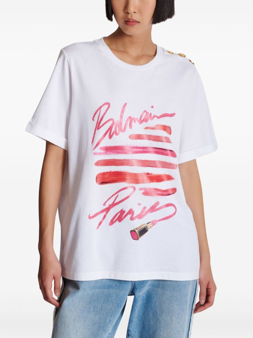 Balmain White Graphic Print Button Detail Top