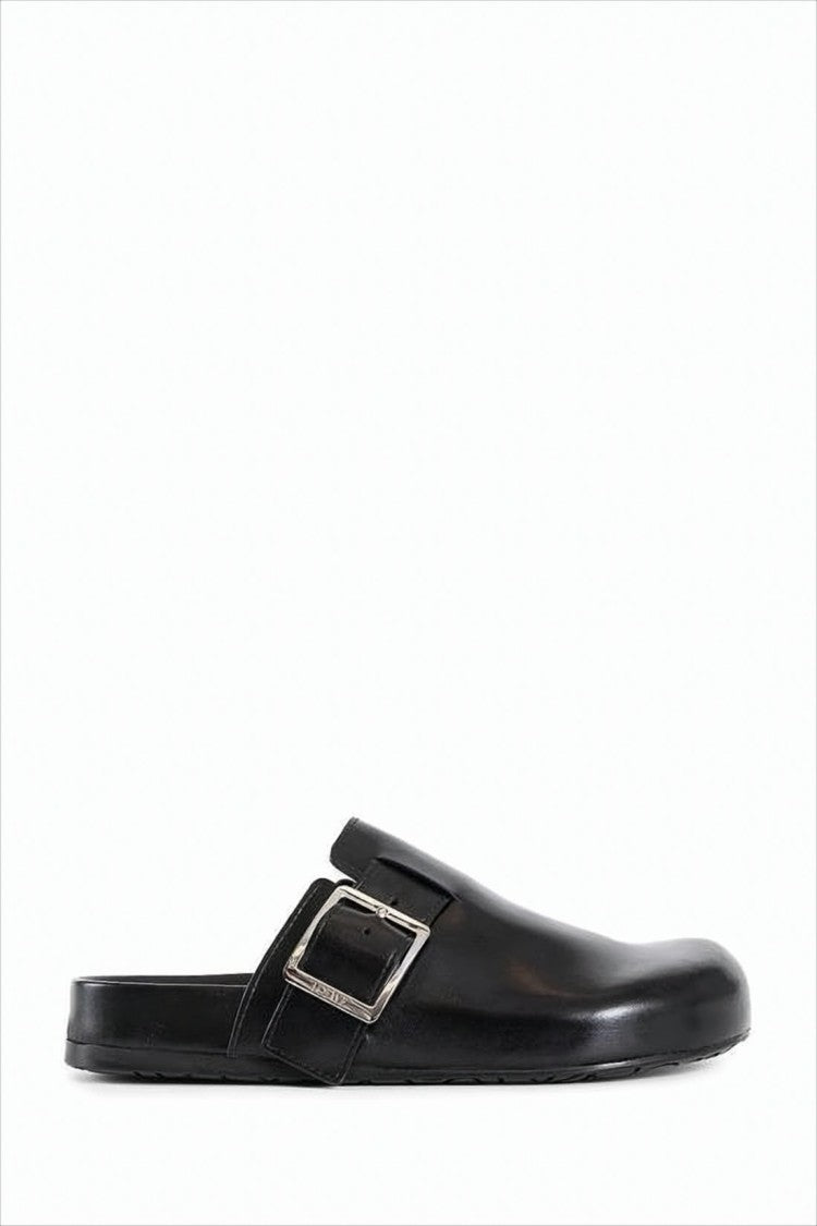 Loewe Black Calf Leather Mule With Silver Buckle Detail