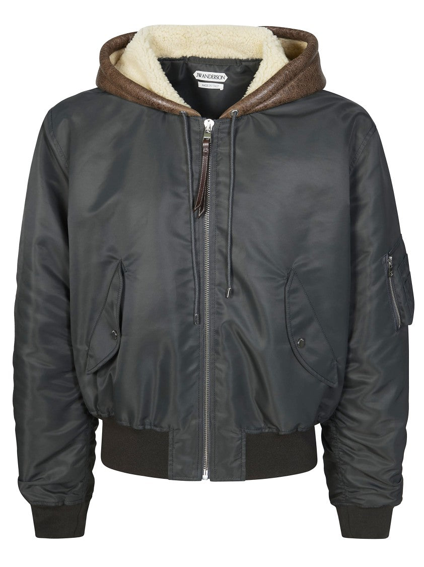 J. W. Anderson Black Nylon Shearling-Lined Hooded Bomber Jacket