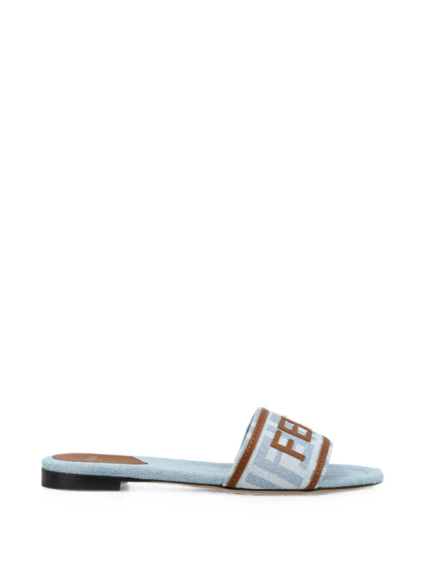 Fendi Light Blue Fabric Leather Trim Flats
