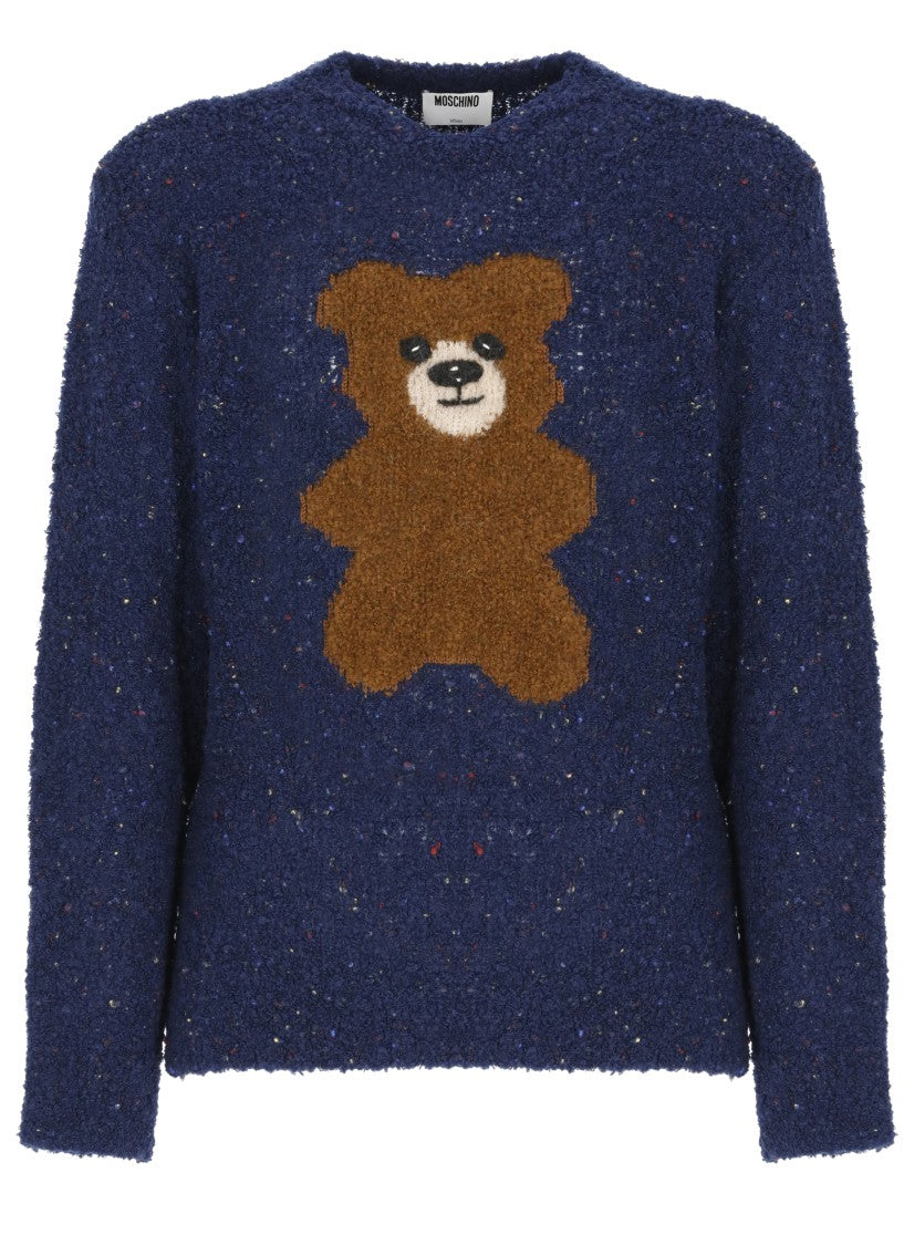 Moschino Blue Bouclé Wool-Blend Teddy Bear Motif Sweater