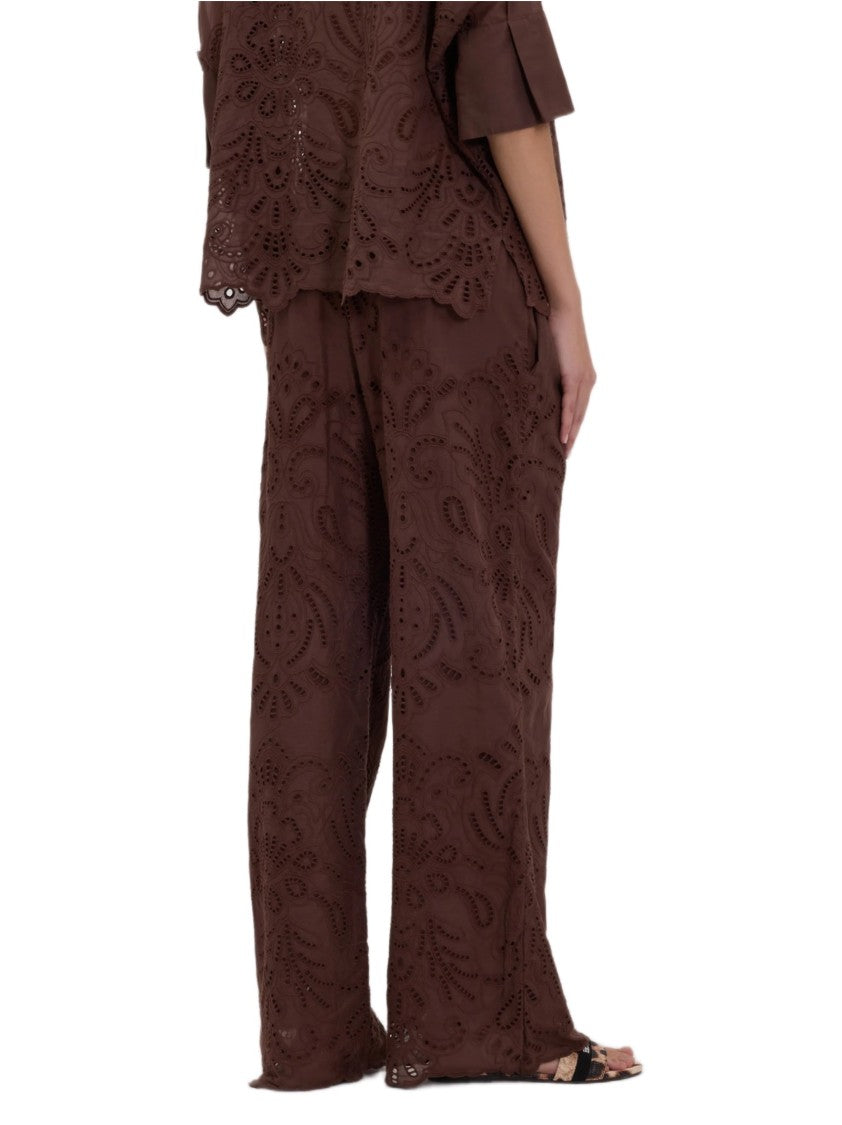 Ermanno Firenze Wide-Leg Muslin Trousers With Sangallo Embroidery And Tassel Drawstring