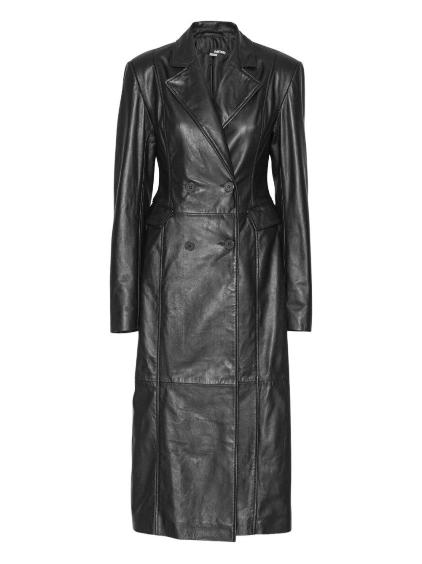 Rotate Double-Breasted Long Black Leather Jacket