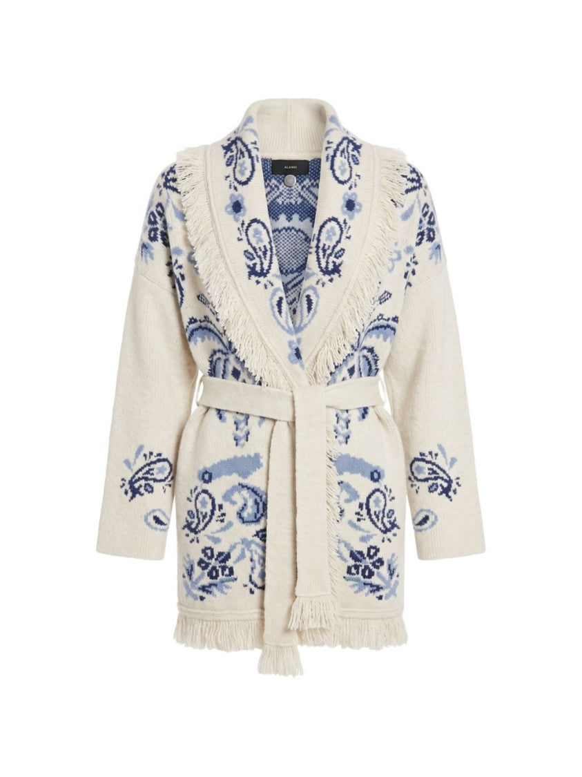 Alanui Floral Shawl Collar Belted Knit Sweater