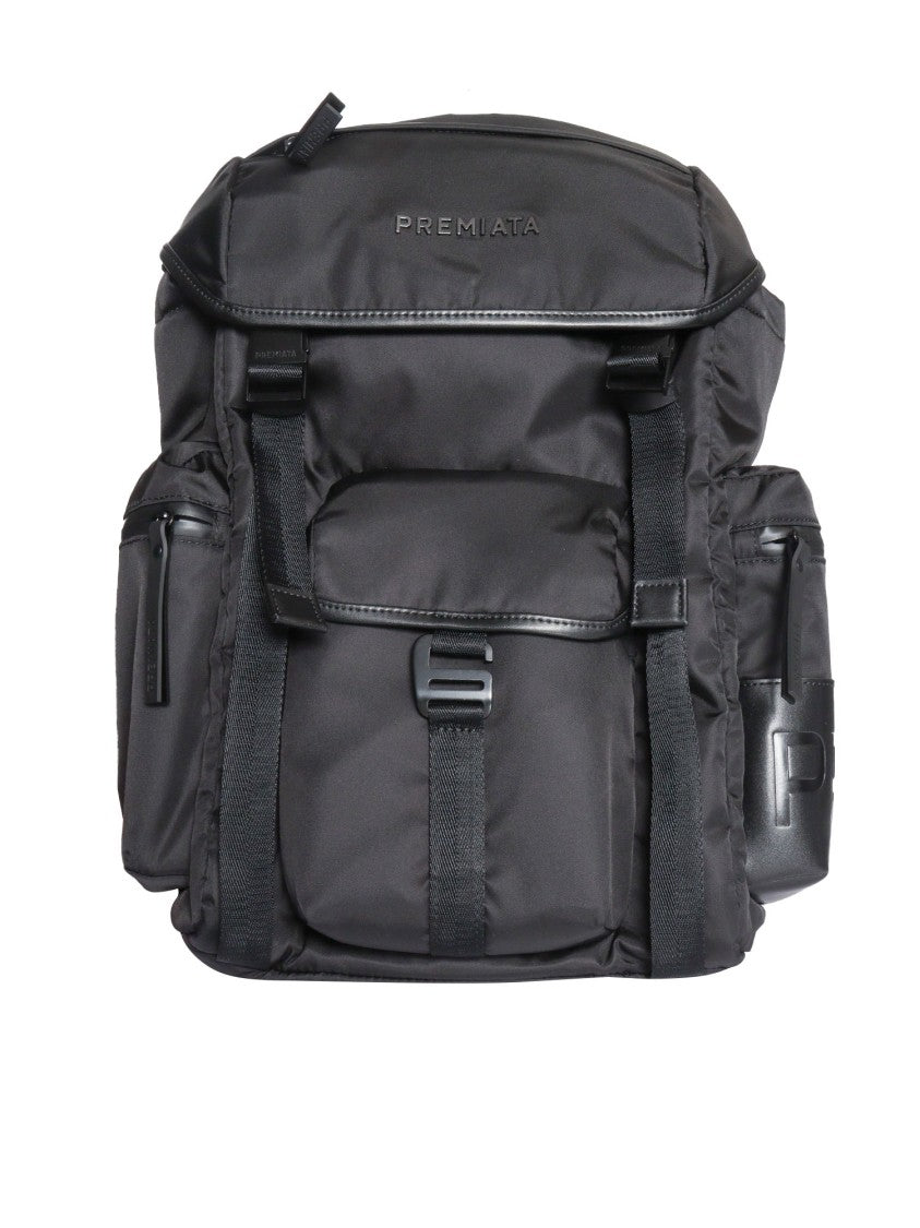 Premiata Structured Black Backpack With Flap Closure And Branded Detailing