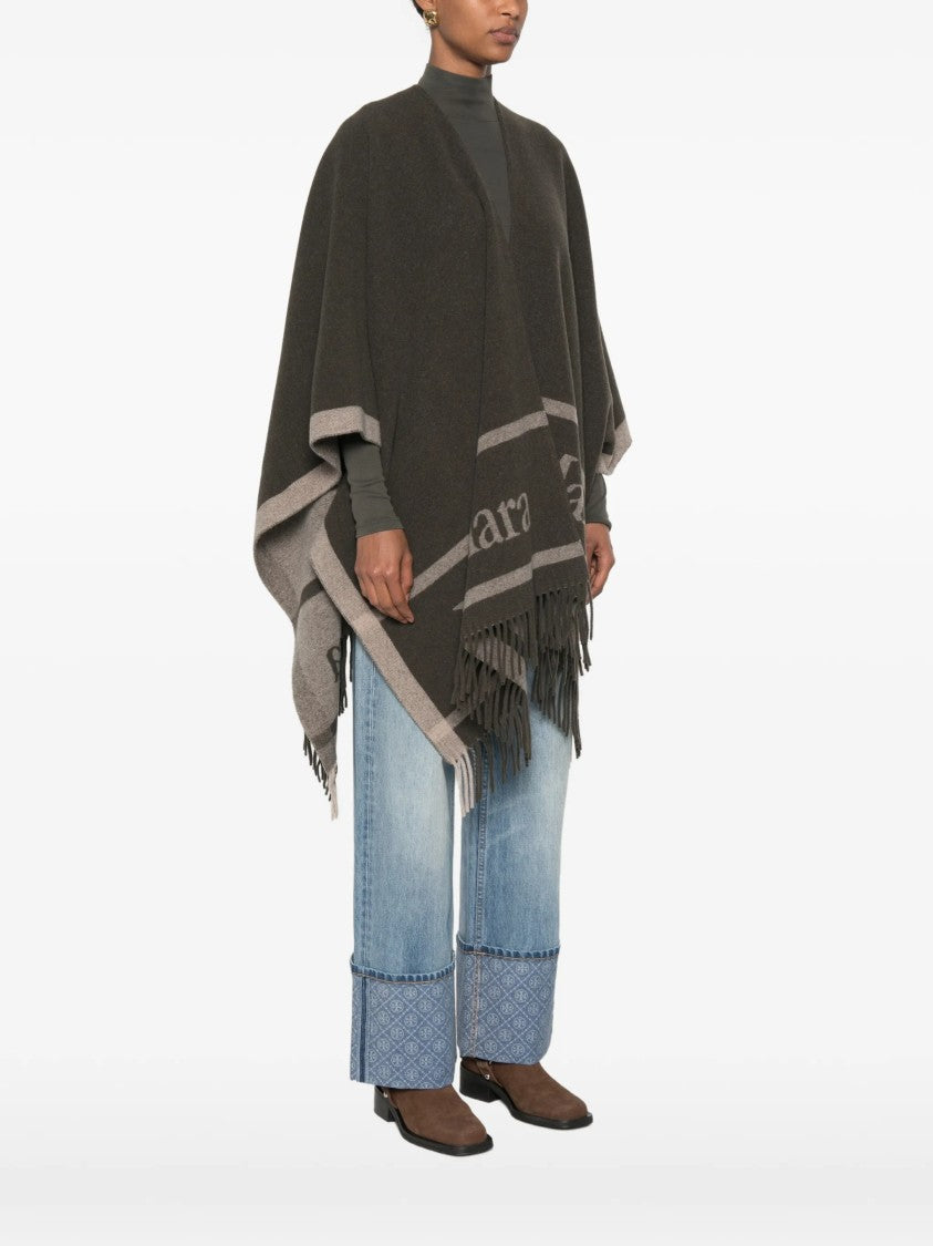 Max Mara Two-Tone Wool Poncho With Deep V-Neck And Fringed Hem