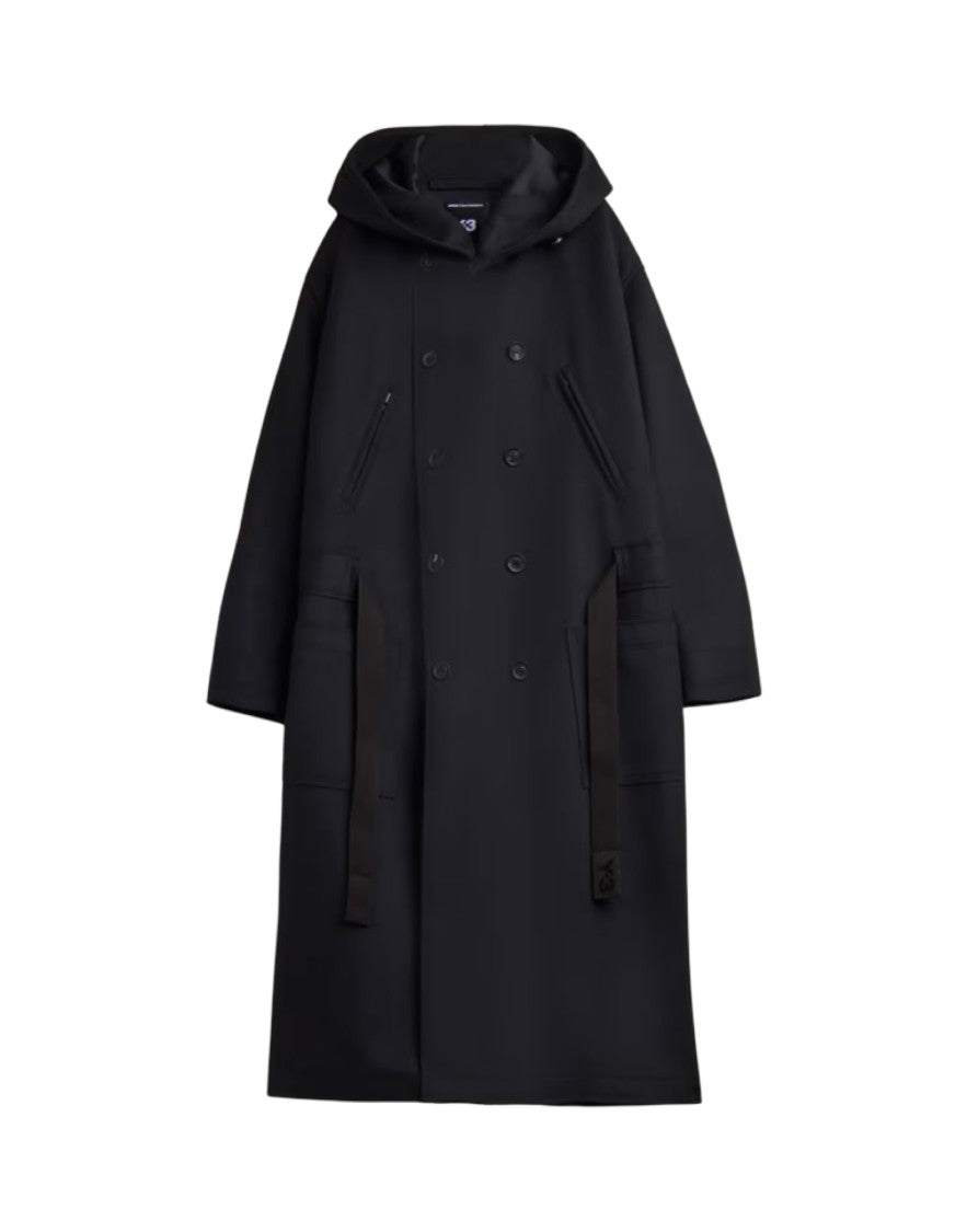 Y-3 Long Double-Breasted Black Melton Wool Coat With Hood