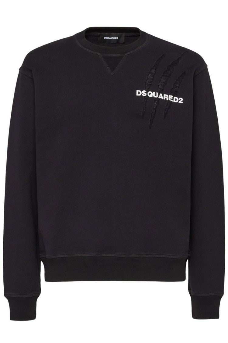 Dsquared2 Distressed Black Cotton Sweatshirt With Iconic Branding